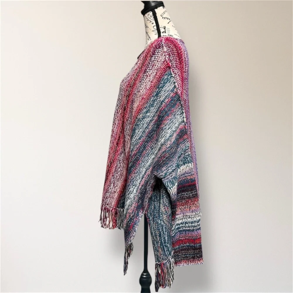 Free‎ People Rainbow Sprite Fringe Poncho Sweater L Oversized Boho Knit NWT $228
